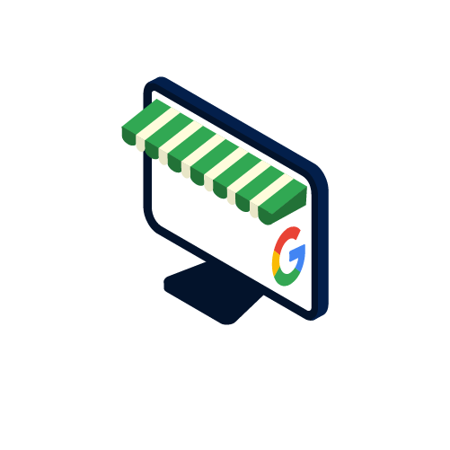 Google My Business Management Icon represented by an illustration of a computer screen with a store sheet and the Google logo