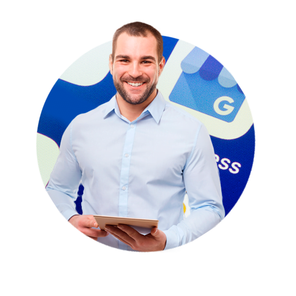 The Best GMB Tool. A Business man smiles. Behind him, the icon of Google my Business app.