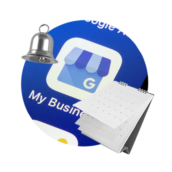 Schedule Tools for Google My Business. The GMB icon is shown with a calendar and a silver bell.