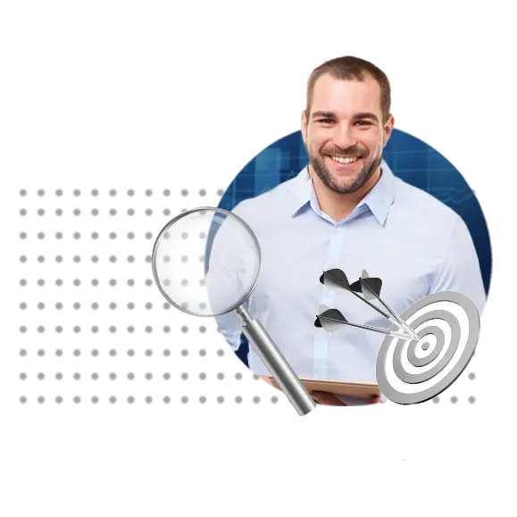 Individual SEO Services. The image show a business man behind a target and a magnifying glass.