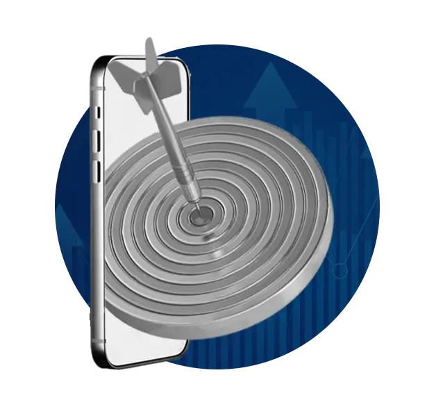 A big silver target appearing from a cellphone symbolizes a good SEO strategy.