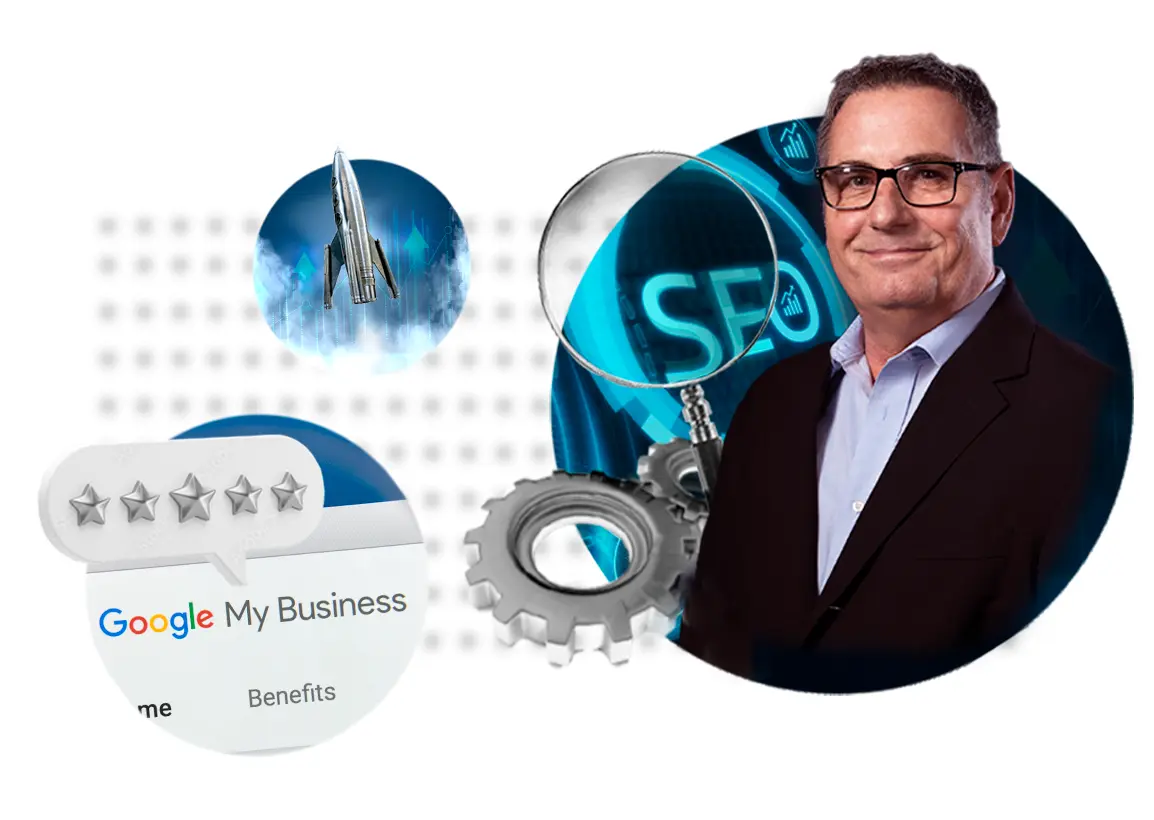 SEO Pricing. There are SEO symbols surrounding Bruce Jones in the image: gears, rocket, five stars, magnifying glass.