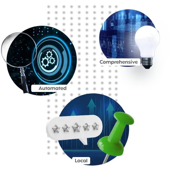 Categories of SEO services. There are three icons in the image: a lamp (comprehensive SEO), gears and magnifying glass (automated SEO), stars and a pin map (local SEO).