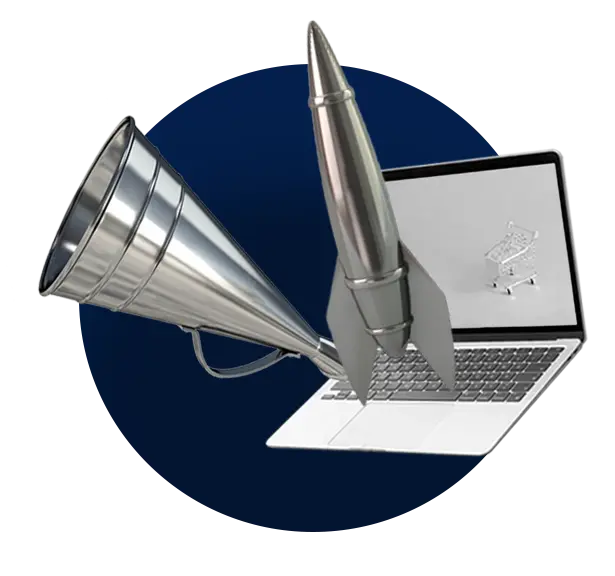 A megaphone and a rocket rise from a lpatop screen, optimizing the content and performance of website.