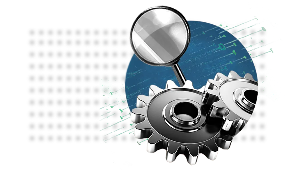 SEO reporting and website analytics. The image shows a magnifying glass and gears.