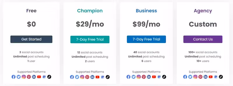 SocialChamp Pricing Table