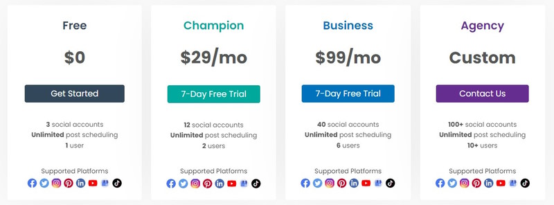 SocialChamp Pricing Table