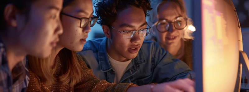 A diverse group of young people gathered around a computer screen, collaborating on open source software.