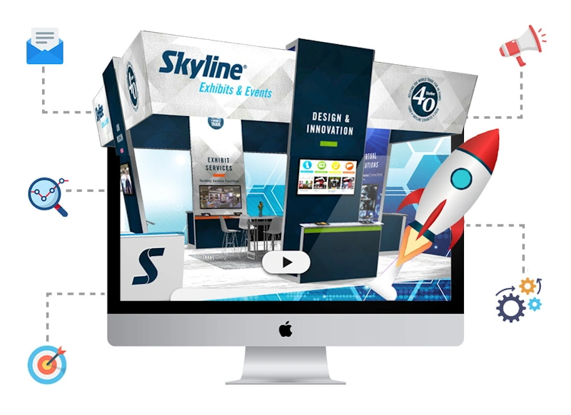 A modern skyline exhibit stand design showcasing innovative features for a trade show, emphasizing SEO strategies.