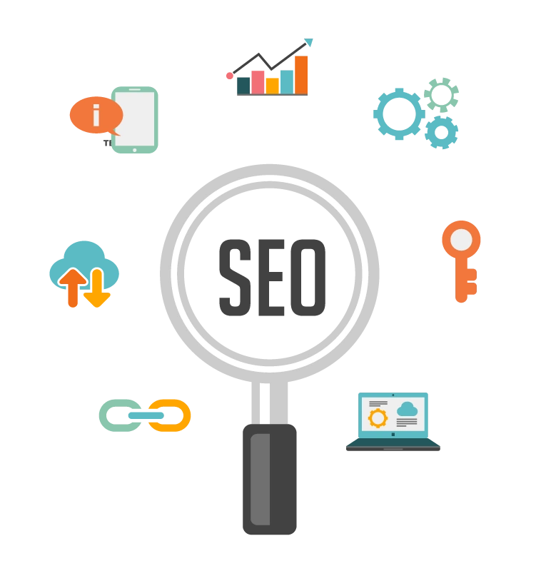 A magnifying glass surrounded by icons associated with SEO backlink services.