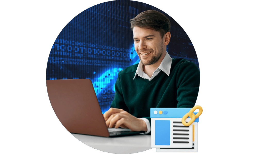 A man typing on a laptop with a web link icon, symbolizing SEO backlink services.