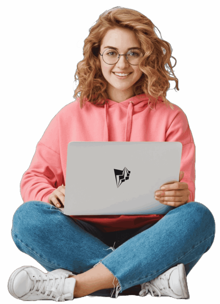 Person sitting cross-legged, holding a laptop, showcasing an SEO company Austin, TX.