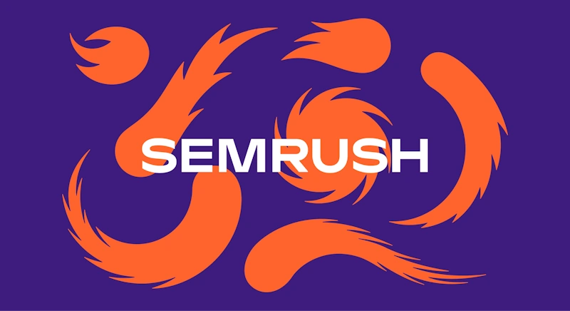 Orange swirling shapes on a purple background with "SEMRUSH" text in white promoting SEMrush Affiliate Program