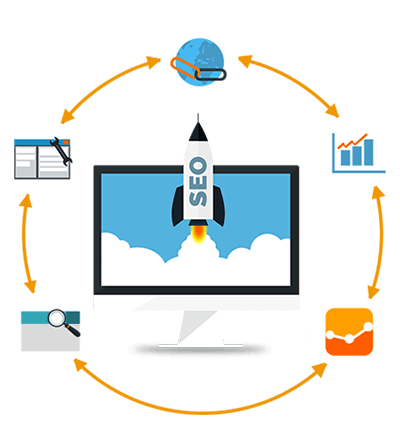 SEO interconnected icons around a monitor and a rocket symbolizing SEO services Hong Kong