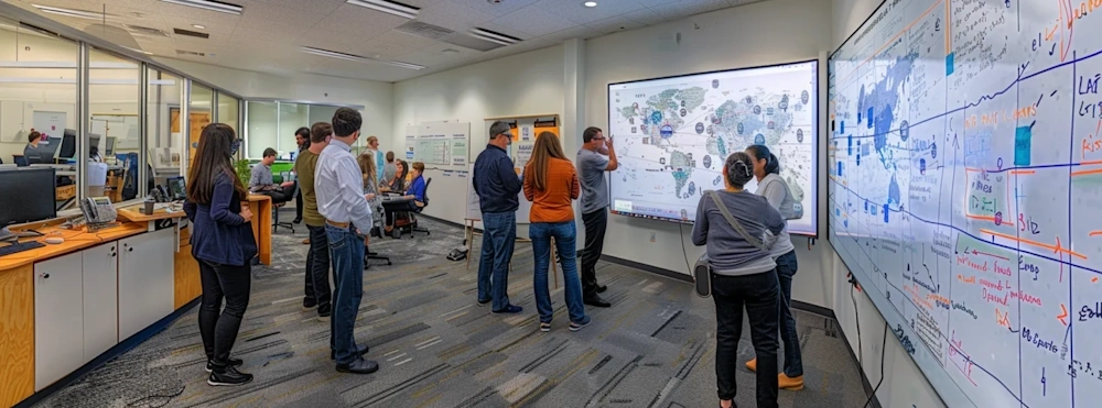 Team members in an office setting analyzing a large whiteboard, strategizing for a knowledge management platform initiative.