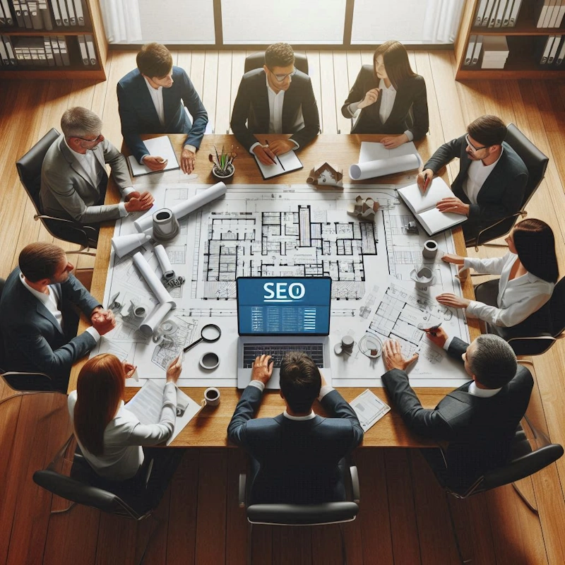 A group of people discussing SEO for architects A group of people in a meeting highlighting SEO for architects