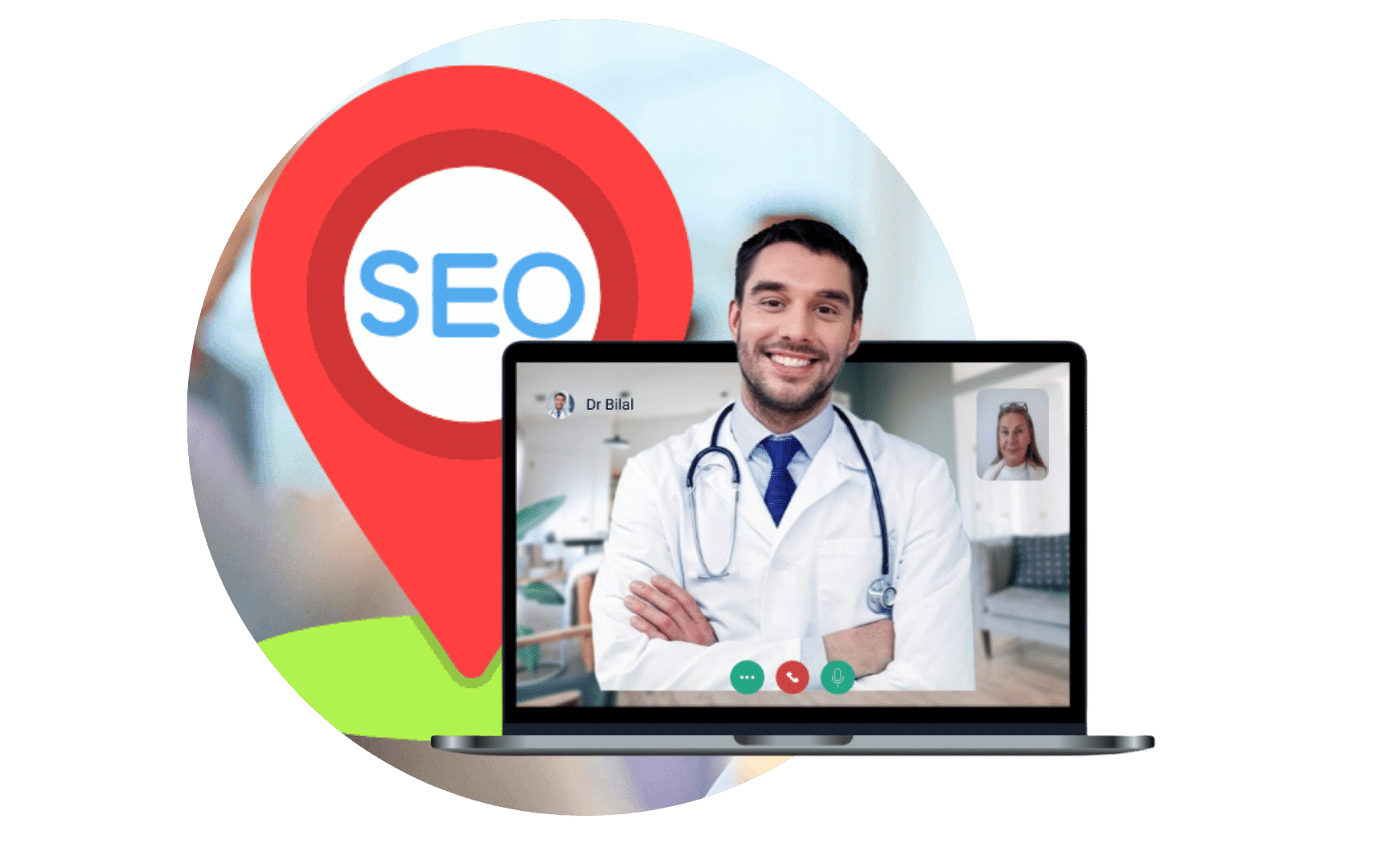 Doctor on a video call illustrating effective SEO for Doctors A laptop showing a video call with a smiling doctor highlighting importance of SEO for doctors services