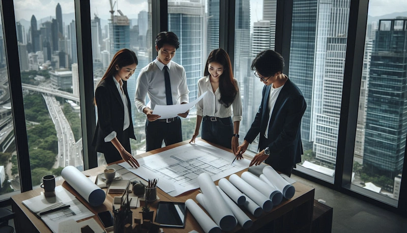 Group of people examining architectural plans illustrating the advantage of SEO for architects