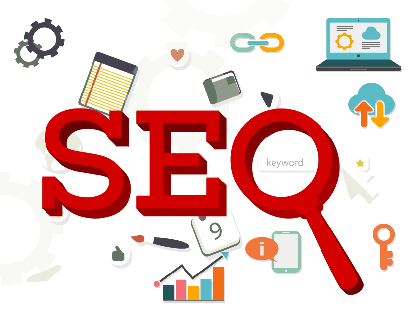 Illustration of the word SEO with technology and SEO for Doctors icons 