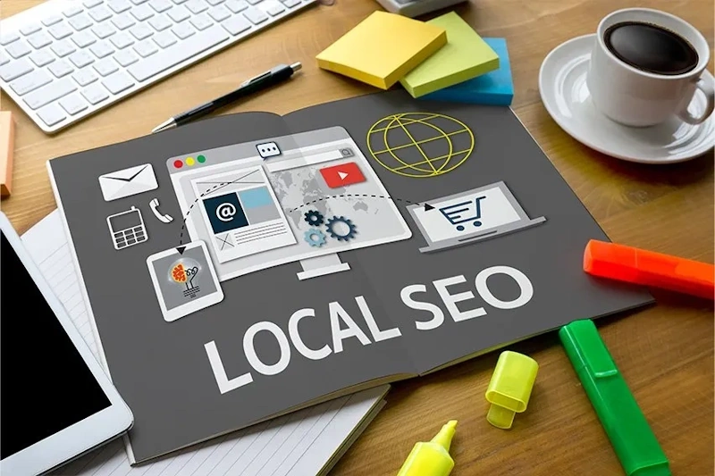A workspace featuring a "Local SEO" guide and office items, highlighting the importance of local SEO services for small business.