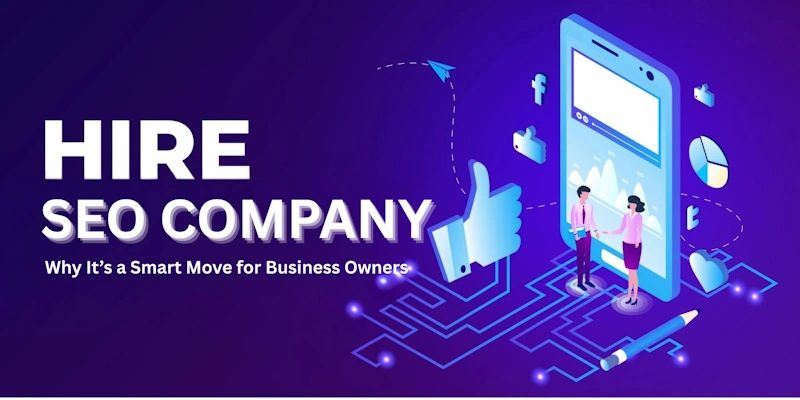 Illustration of a smartphone with business figures and text promoting hiring an SEO company.
