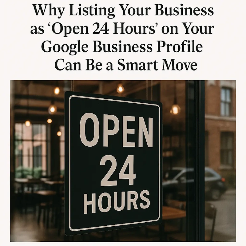 A sign reading "OPEN 24 HOURS" on a restaurant window indicating effective Google Business Profile management