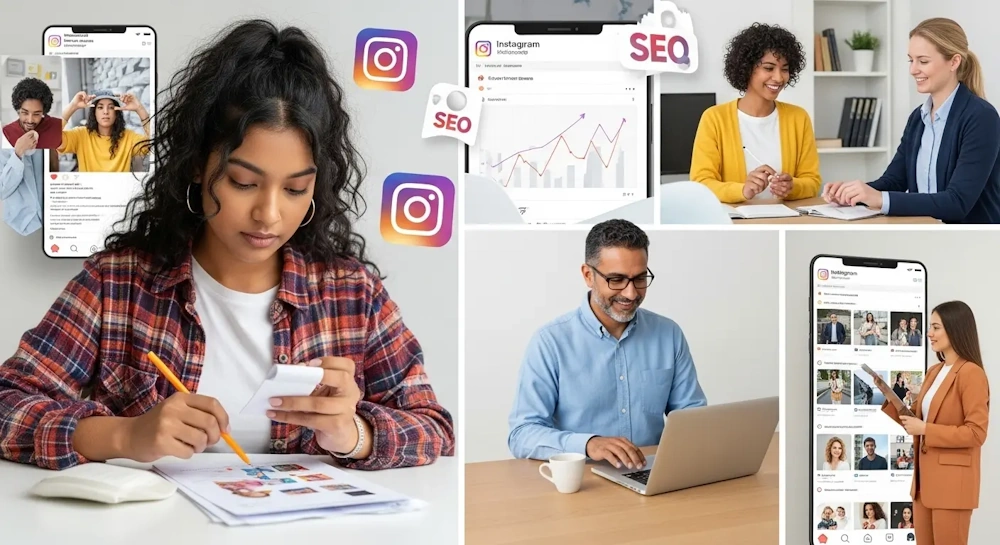Collage of people using digital devices with Instagram and SEO elements.