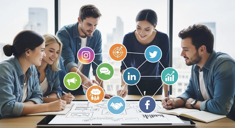 A group of people collaborating and discussing strategies for social media brand