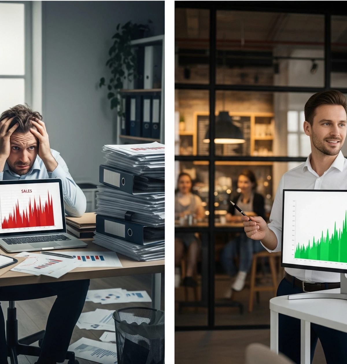 Split image showing a stressed man on one side and a smiling man on the other, representing the transformation with White Label SEO Services.