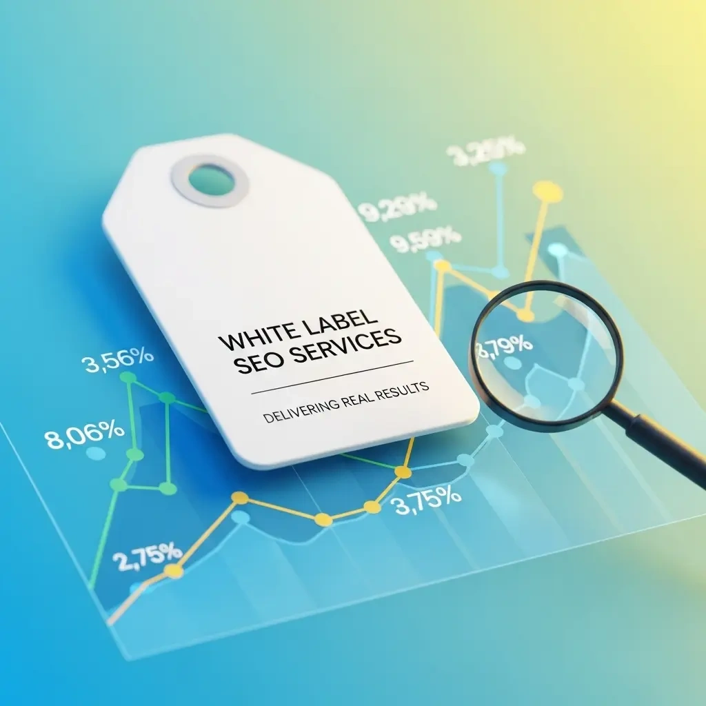 White label SEO services tag on a colorful analytics graph with a magnifying glass.