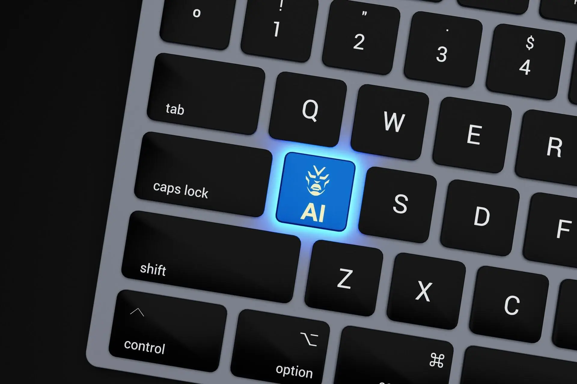 Blue AI key on a keyboard representing the role of AI in Keyword Research.