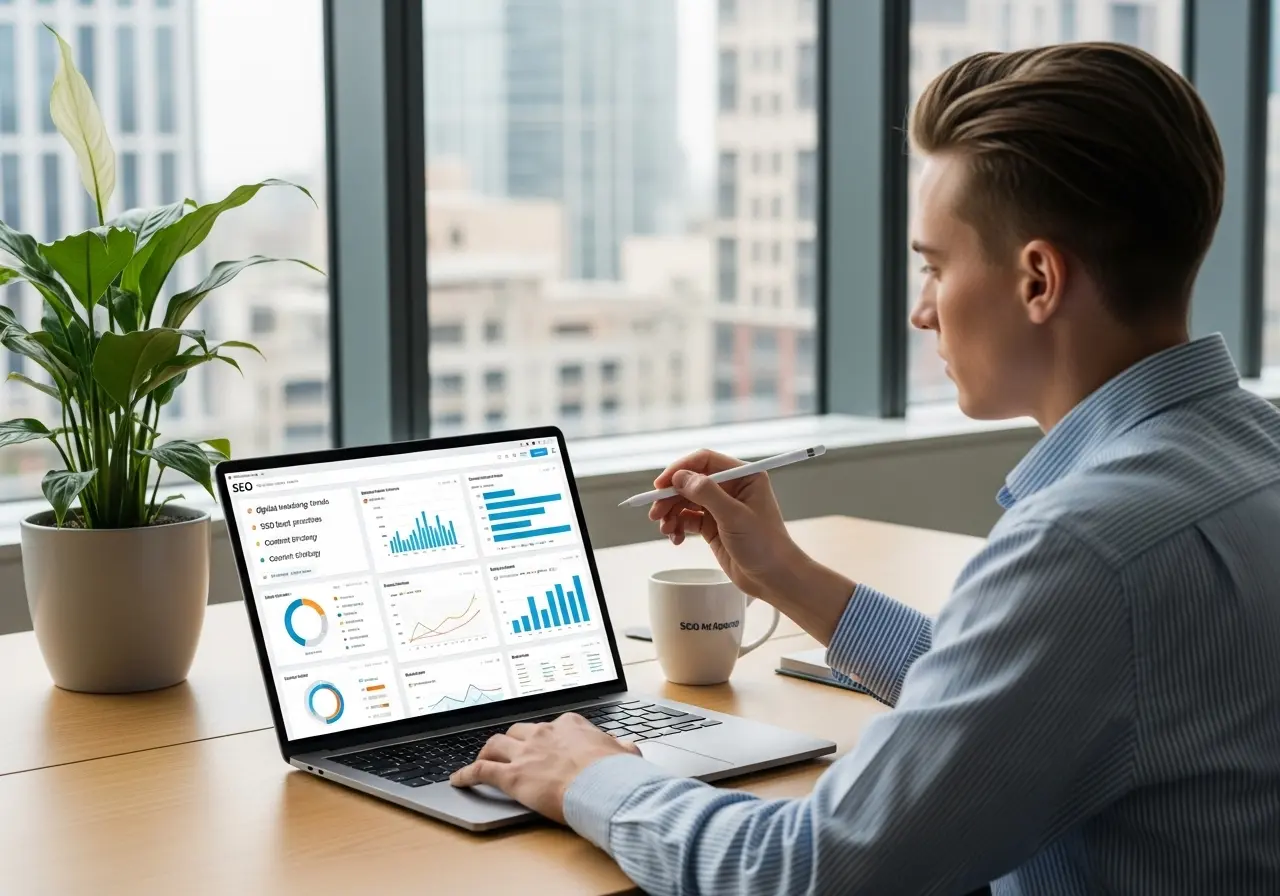 Person analyzing SEO analytics on a laptop, representing insights into AI and the Future of SEO.