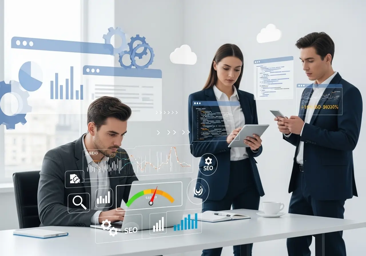 Three office professionals reviewing SEO techniques for optimizing web pages.