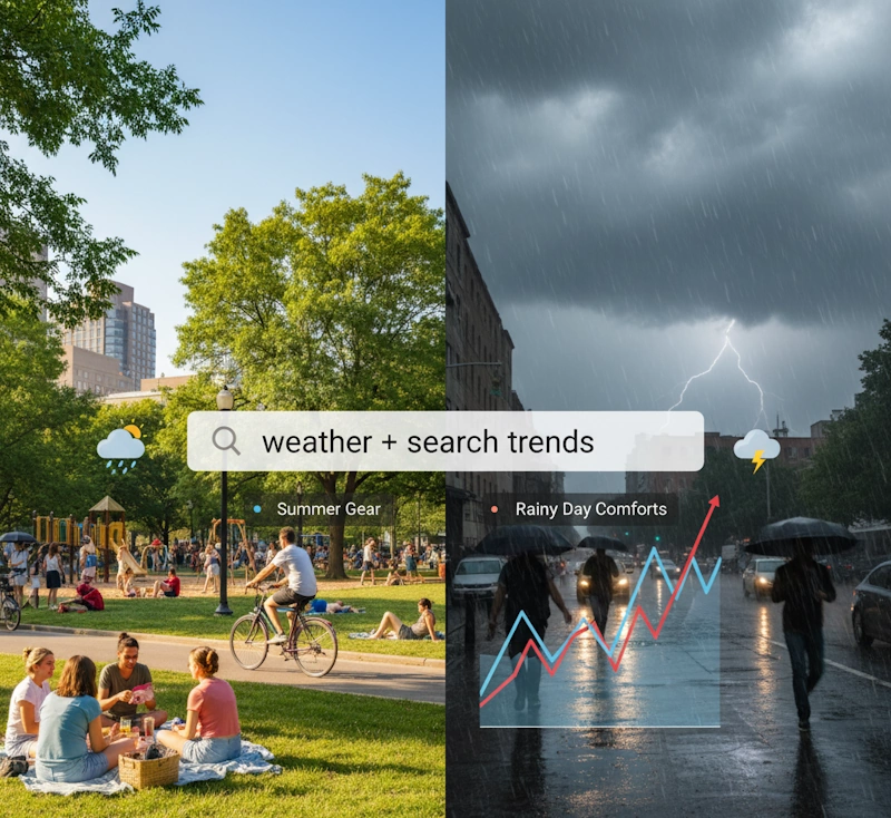 Split image of a sunny park scene and a rainy city street representing Seasonal SEO