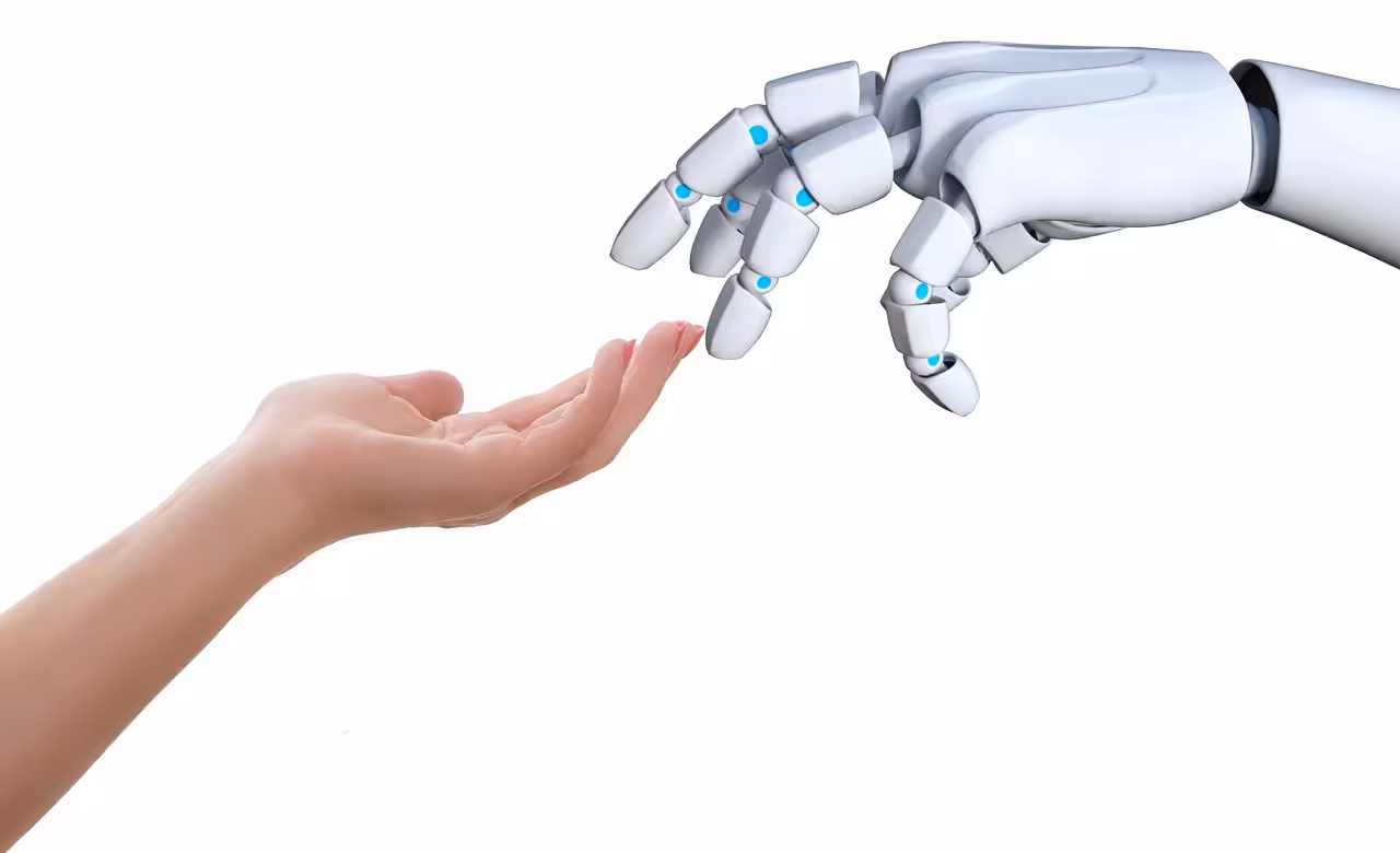 A human hand reaching up to touch a white robotic hand, symbolizing the process to humanize AI text for web designers and marketers.