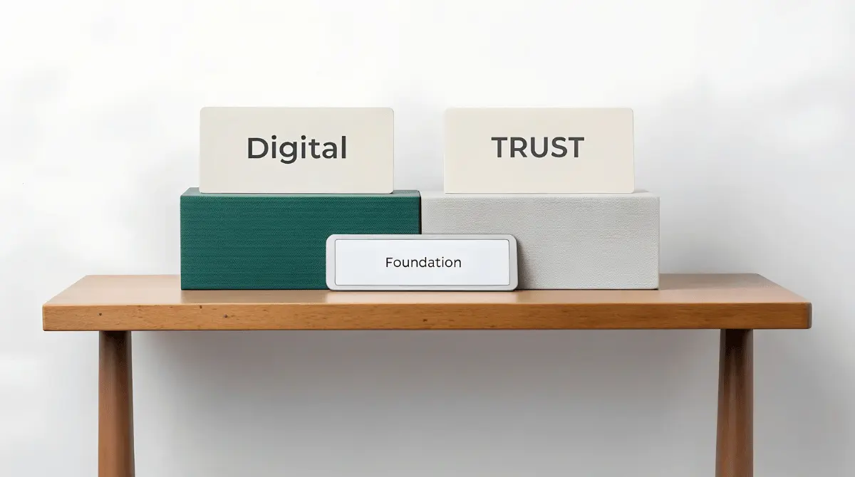 SEO trust signals A conceptual display of blocks labeled "Digital" and "Trust" resting on a base labeled "Foundation," representing the core elements of website trustworthiness.