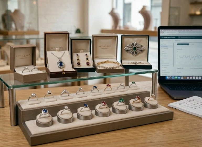 Jewelry designer’s workspace and a laptop displaying digital marketing analytics graphs, representing SEO for jewelers.
