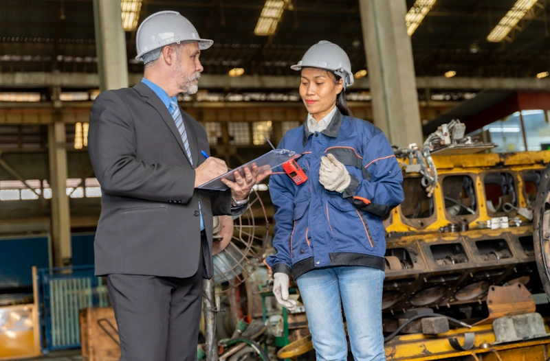 Two manufacturing professionals wearing hard hats discuss operations next to heavy machinery, illustrating SEO for manufacturing companies.
