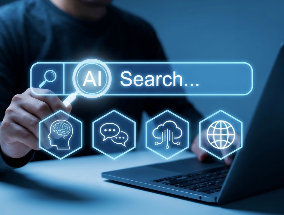 A man typing on a laptop with a web link icon, symbolizing SEO backlink services.