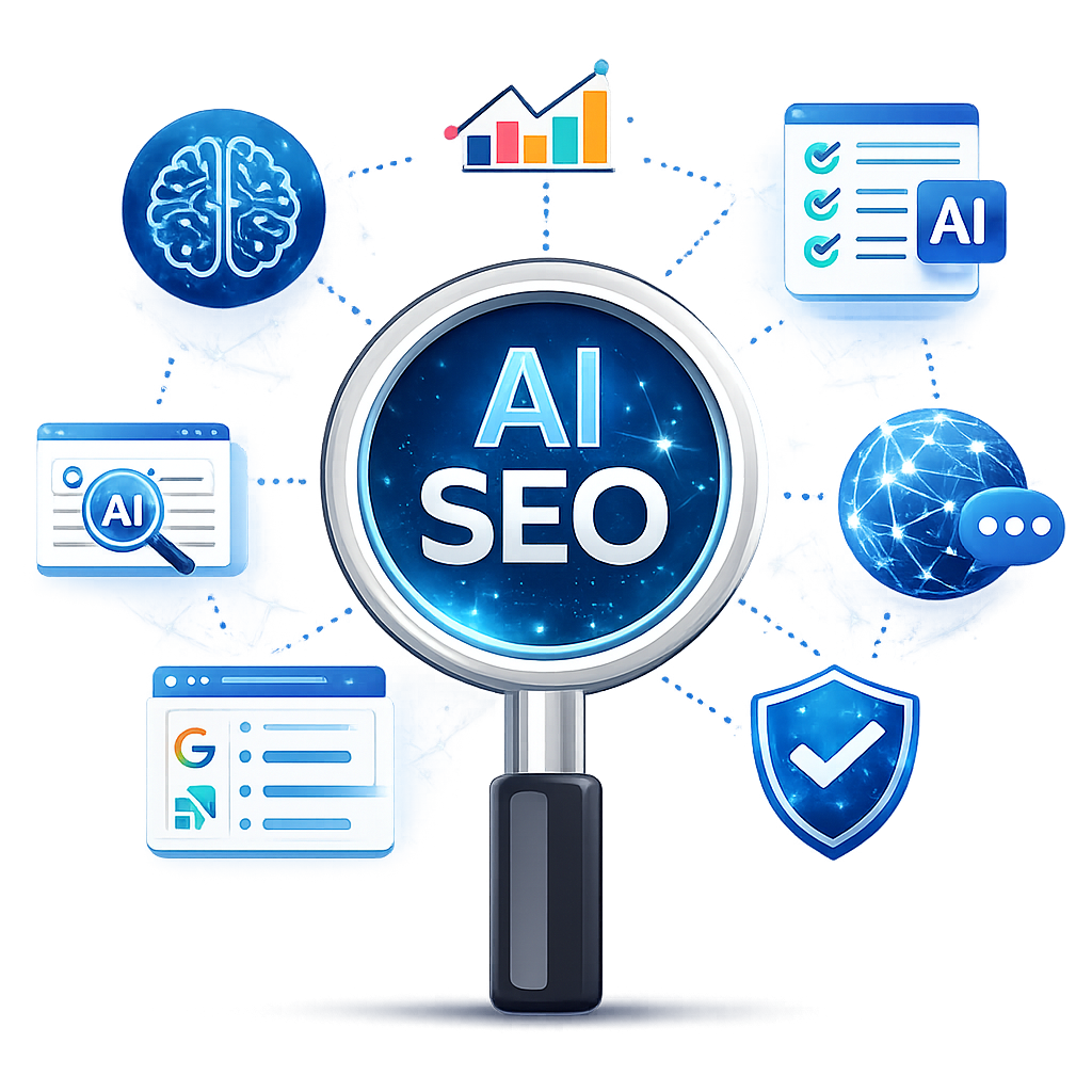 A magnifying glass surrounded by icons associated with SEO backlink services.