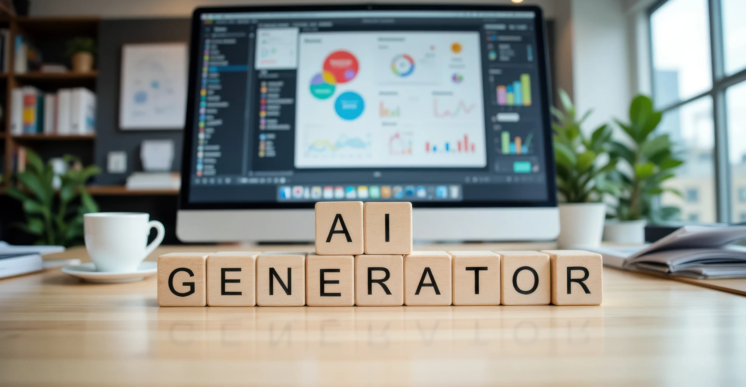 AI tool in creating email copywriting "AI GENERATOR" blocks on a wooden desk, symbolizing a marketer's search for what is the best ai tool for email copywriting.