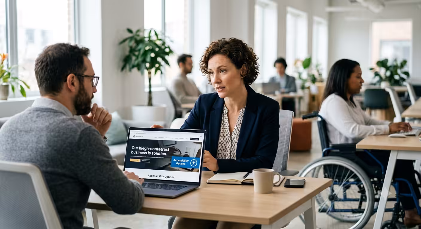 A business professional discussing web accessibility features on a laptop with a colleague in an inclusive office setting, addressing whether Is ADA Compliance Mandatory for Websites?