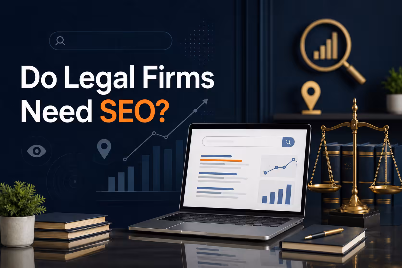 Do legal firms need SEO graphic featuring a laptop, search analytics, law books, and scales of justice.