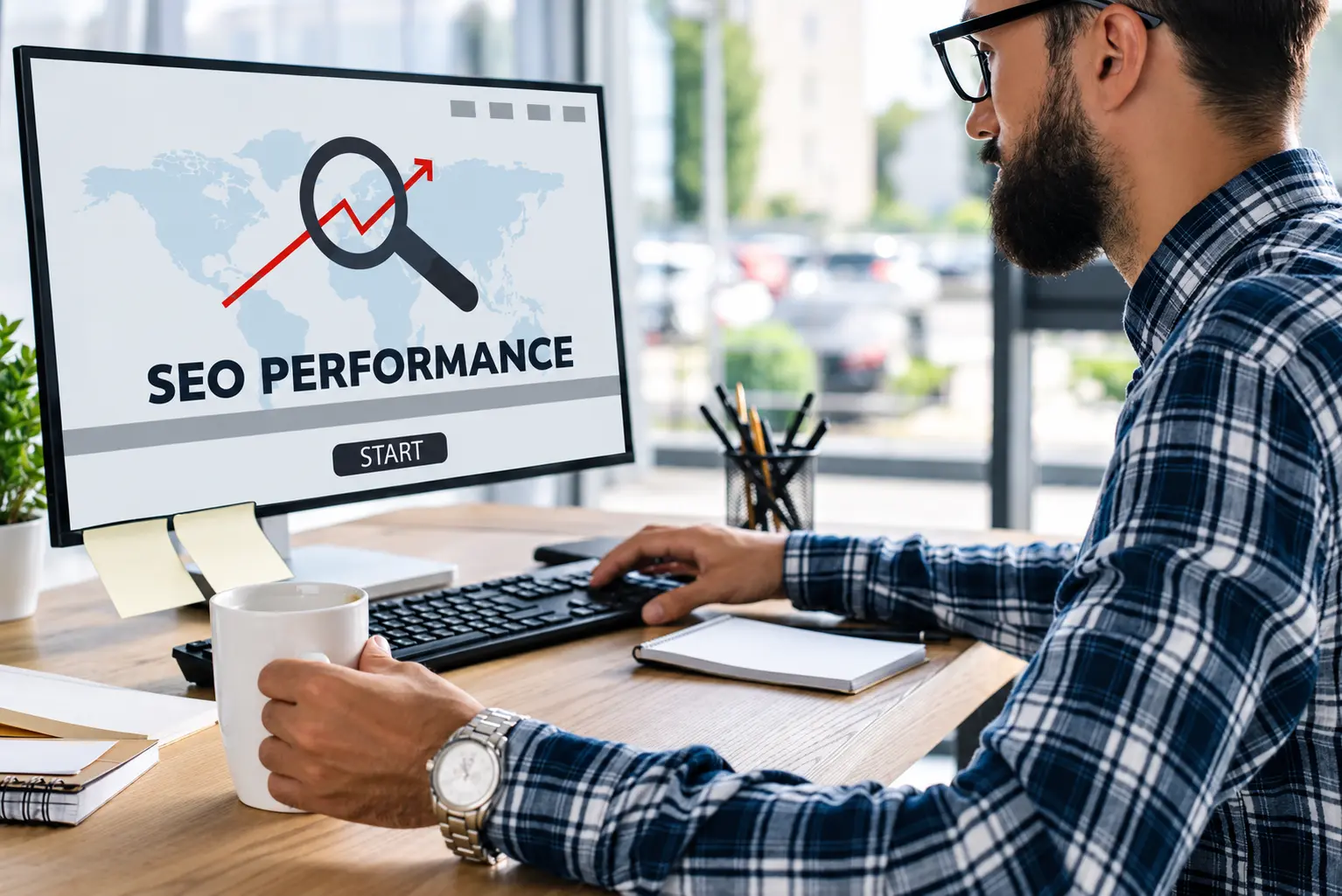 A digital marketer reviewing an SEO performance dashboard for search engine optimization resellers.